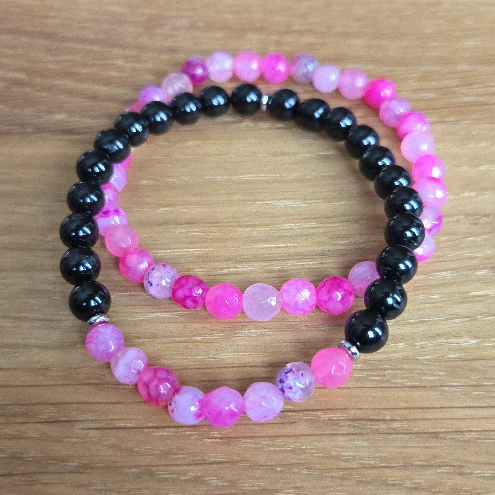 Pink Botswana Agate & Black Onyx Beads Bracelet Set, Stretch, Hand Crafted - Picture 2 of 9